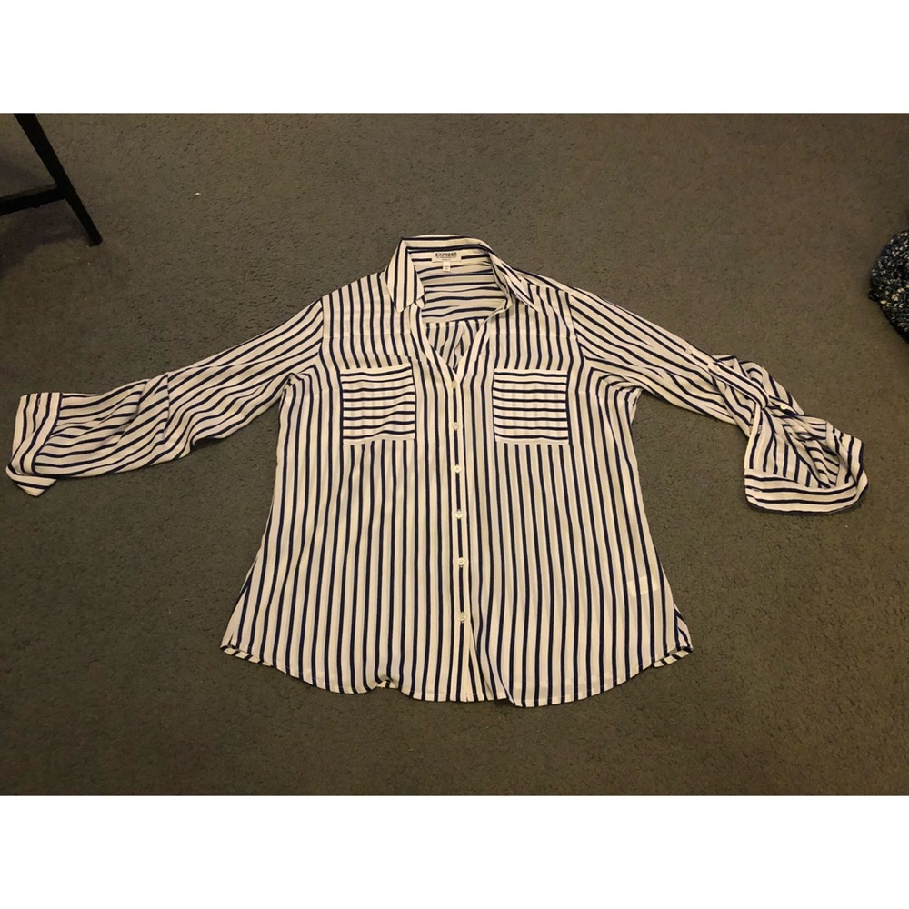 Navy and white stripe button down blouse!